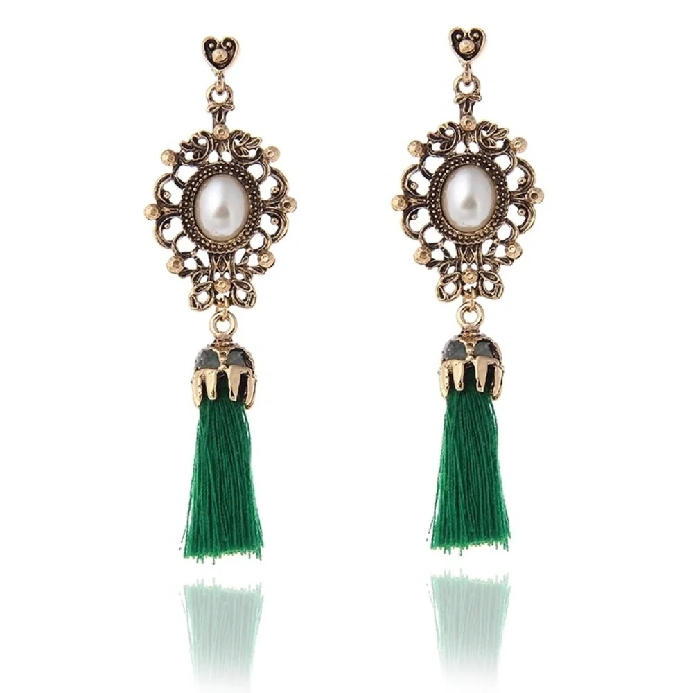 Emerald Tassel Antique Pearl Drop Earrings